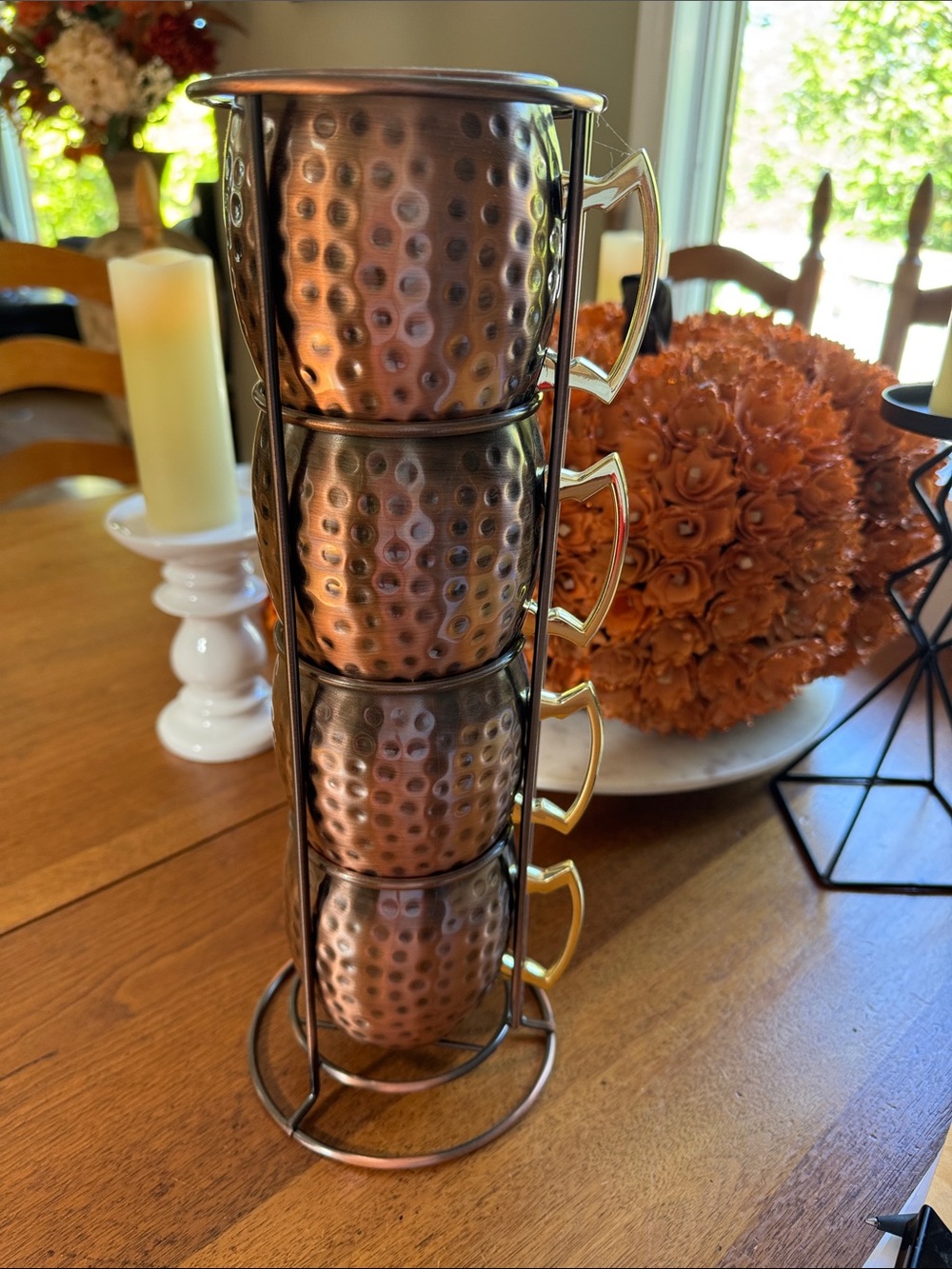 Stackable Hammered Copper Moscow Mule Mug Set with Gold Handles